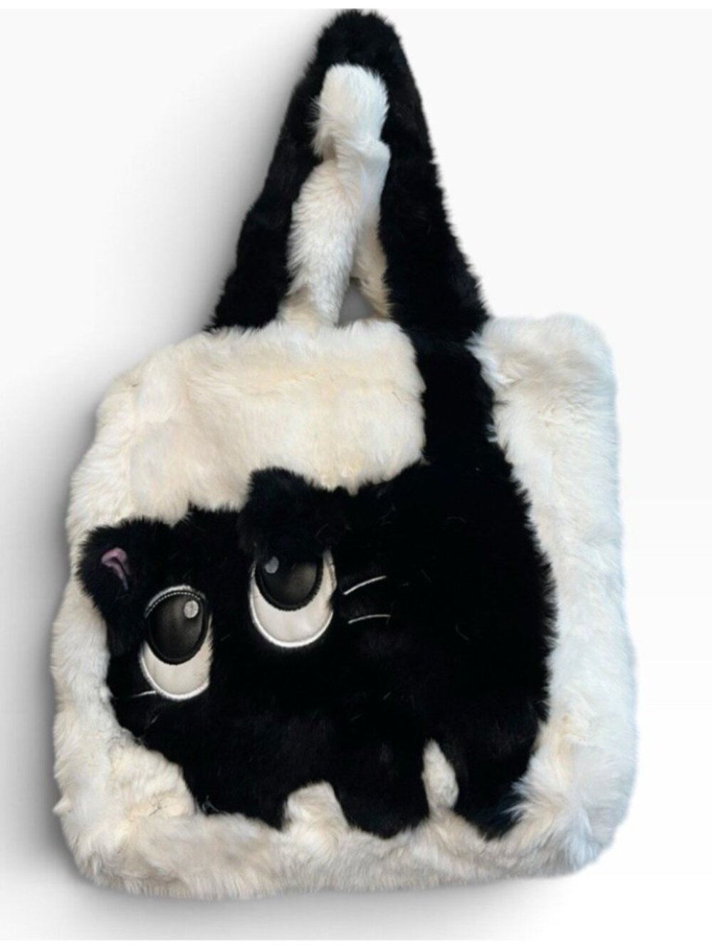 Little Girls Small Plush Black White Cat Shoulder Bag Cute Purse Lined Snaps New
